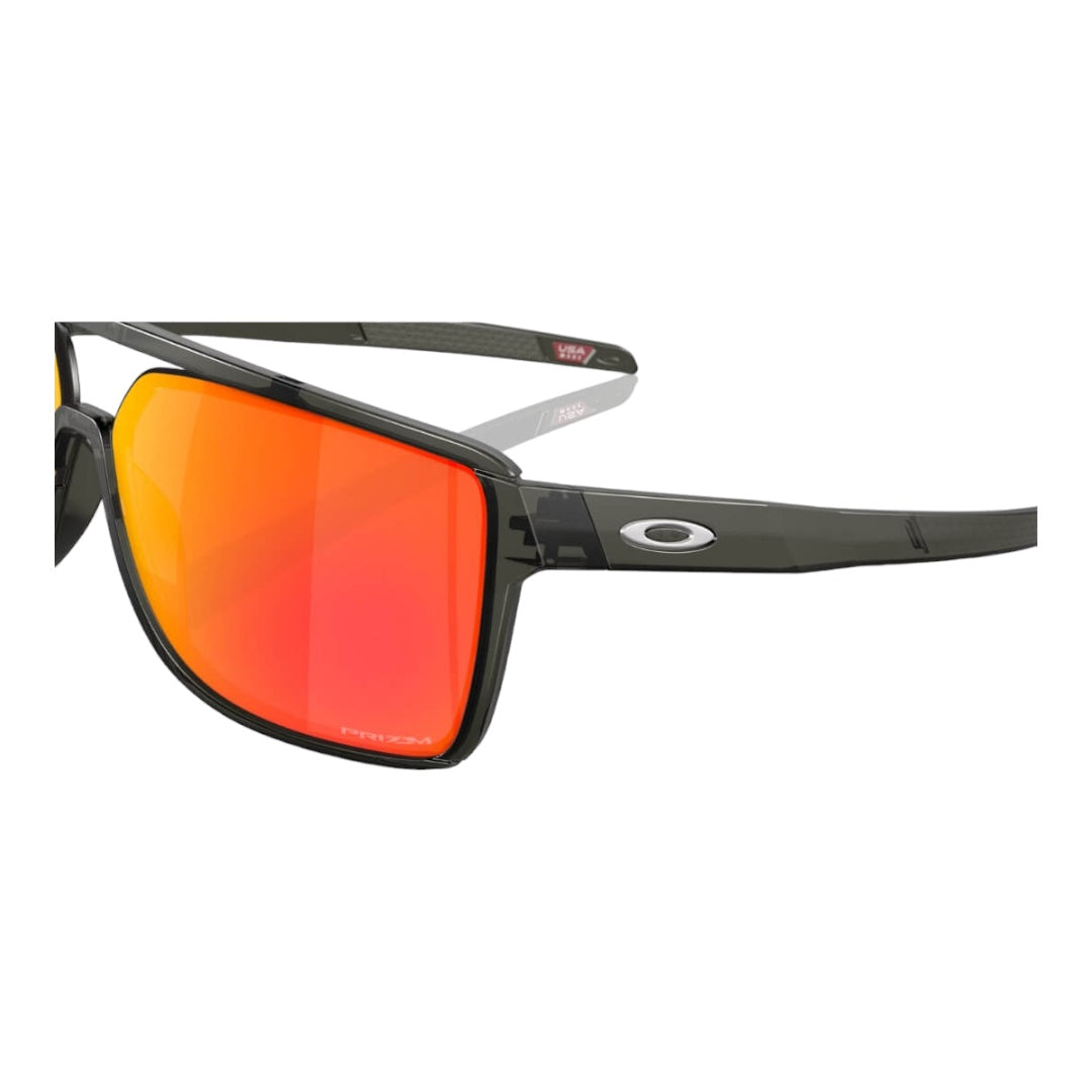 Oakley OO9147 Castel 914705 Sunglasses - Matte Grey Smoke Frame, Prizm Ruby Lens Side Front View