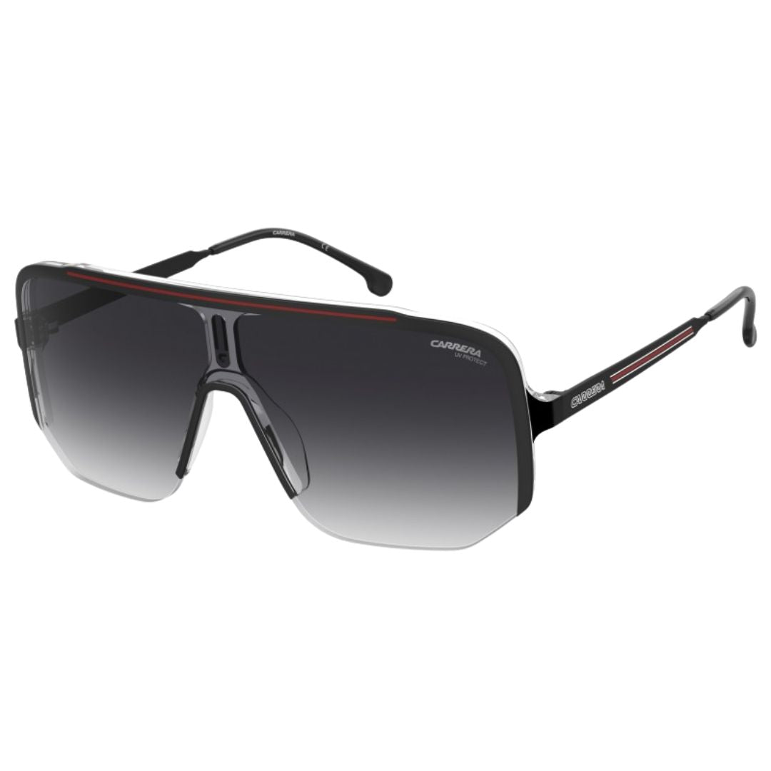 Carrera 1060/S unisex shield sunglasses featuring a flat-top black and red half-rim frame. The single dark grey shaded lens is detailed with the Carrera flag and 'C' logo at the center.