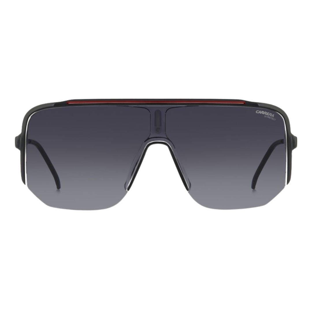 Carrera 1060/S unisex shield Sunglasses with a black frame and gradient lenses on a white background