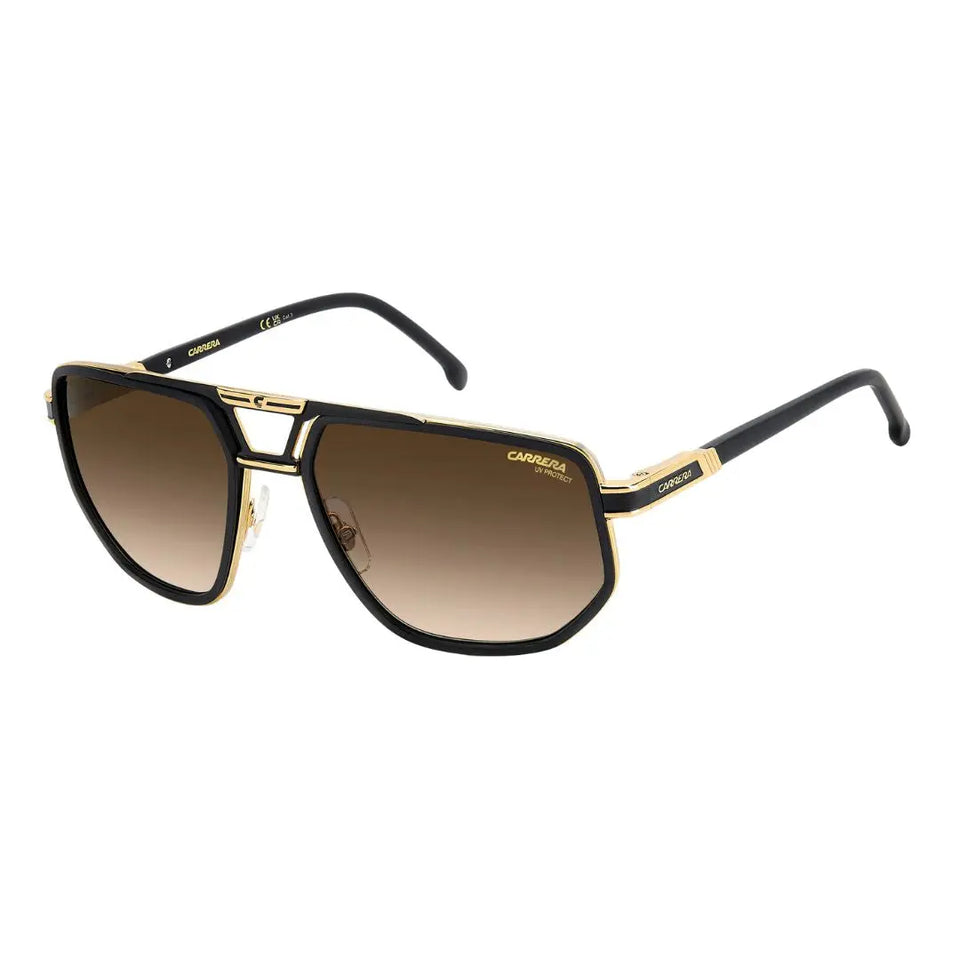 Carrera 1072/S men's aviator sunglasses featuring a matte black and gold metal frame with a double bridge and brown gradient lenses.