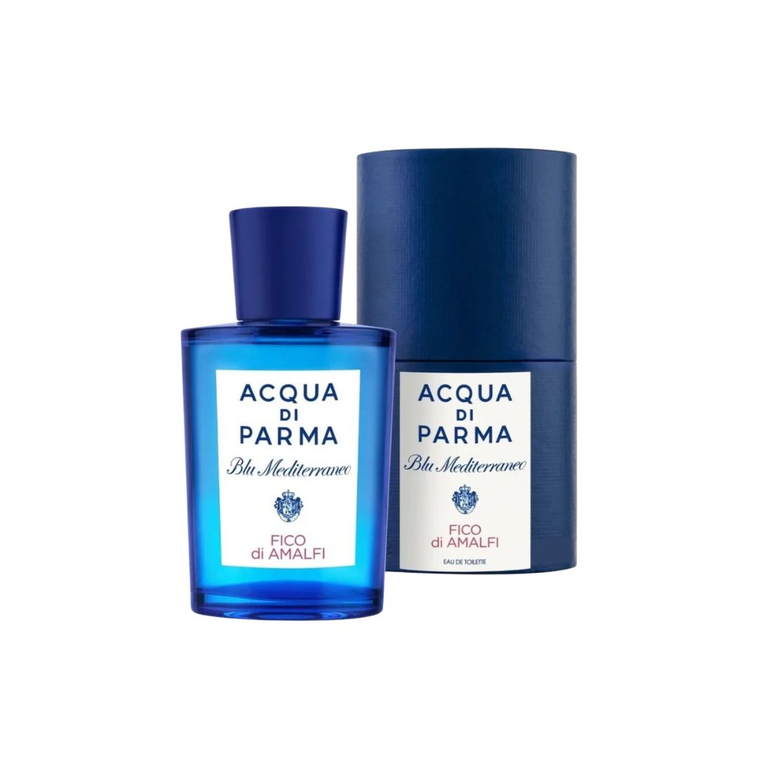 Acqua Di Parma Blu Mediterraneo Fico Di Amalfi EDT 100ml, housed in a striking blue glass bottle, suggesting a bright, fresh, and luscious fig and citrus aromatic scent.