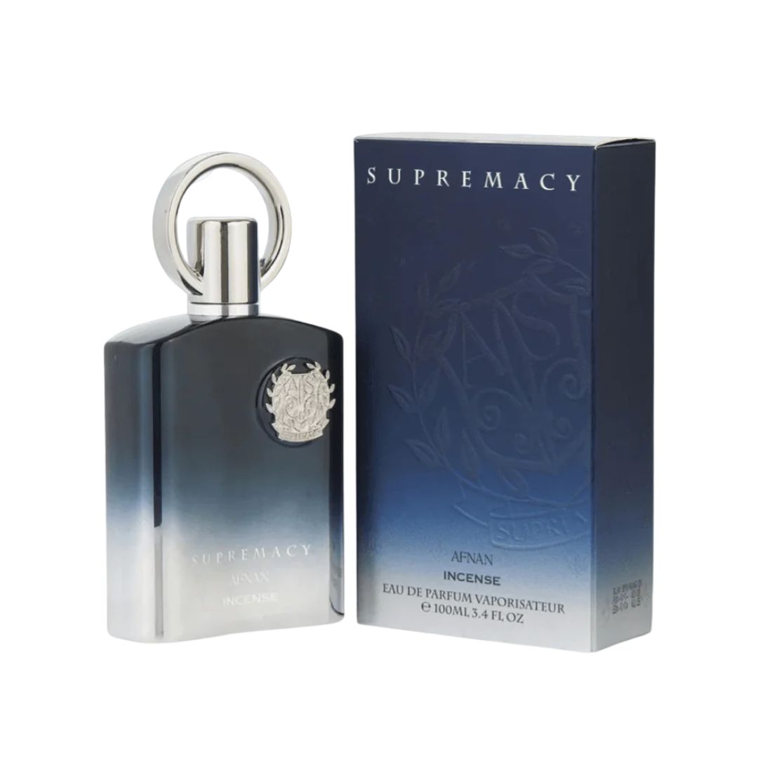 Afnan Supremacy Incense EDP 100ml, a black, opaque bottle with gold detailing, suggesting a powerful, dark, smoky, and deeply resinous oriental scent for men.