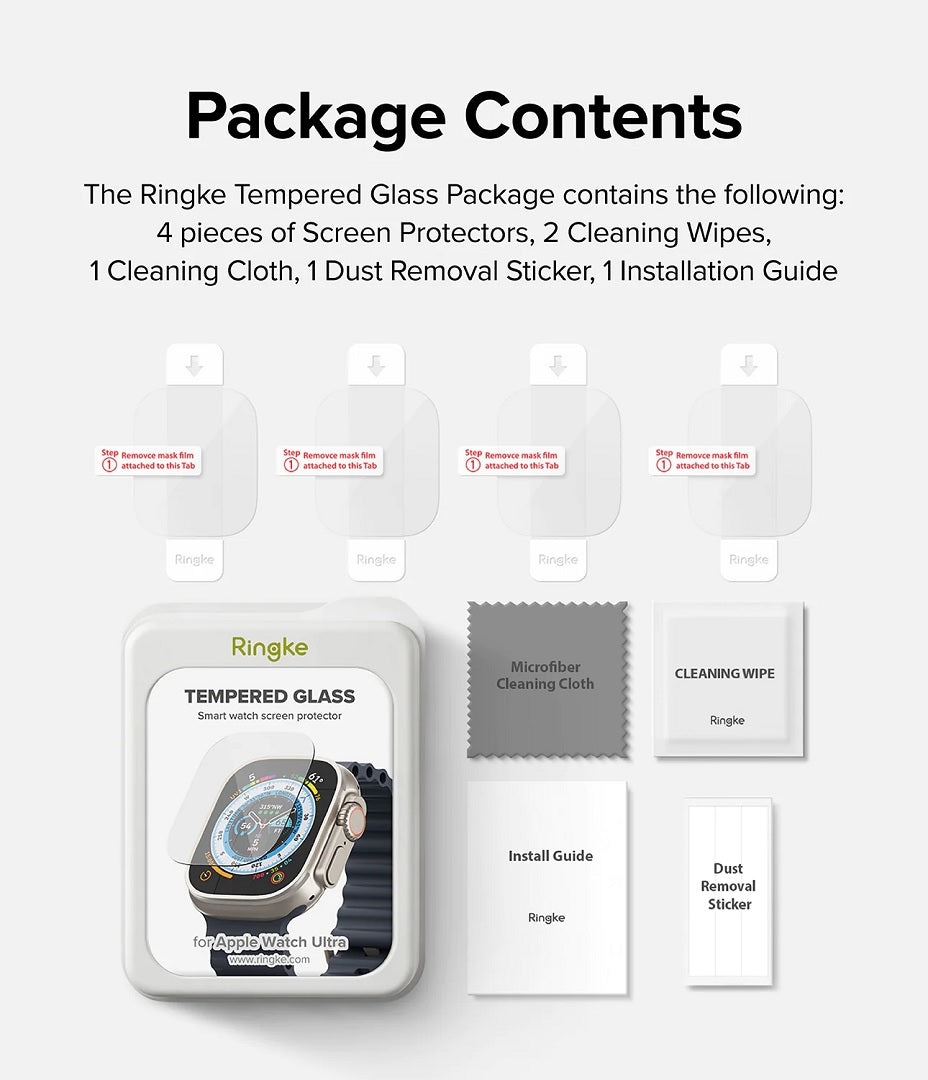 The packaged contents include four pieces of screen protectors for comprehensive device protection.