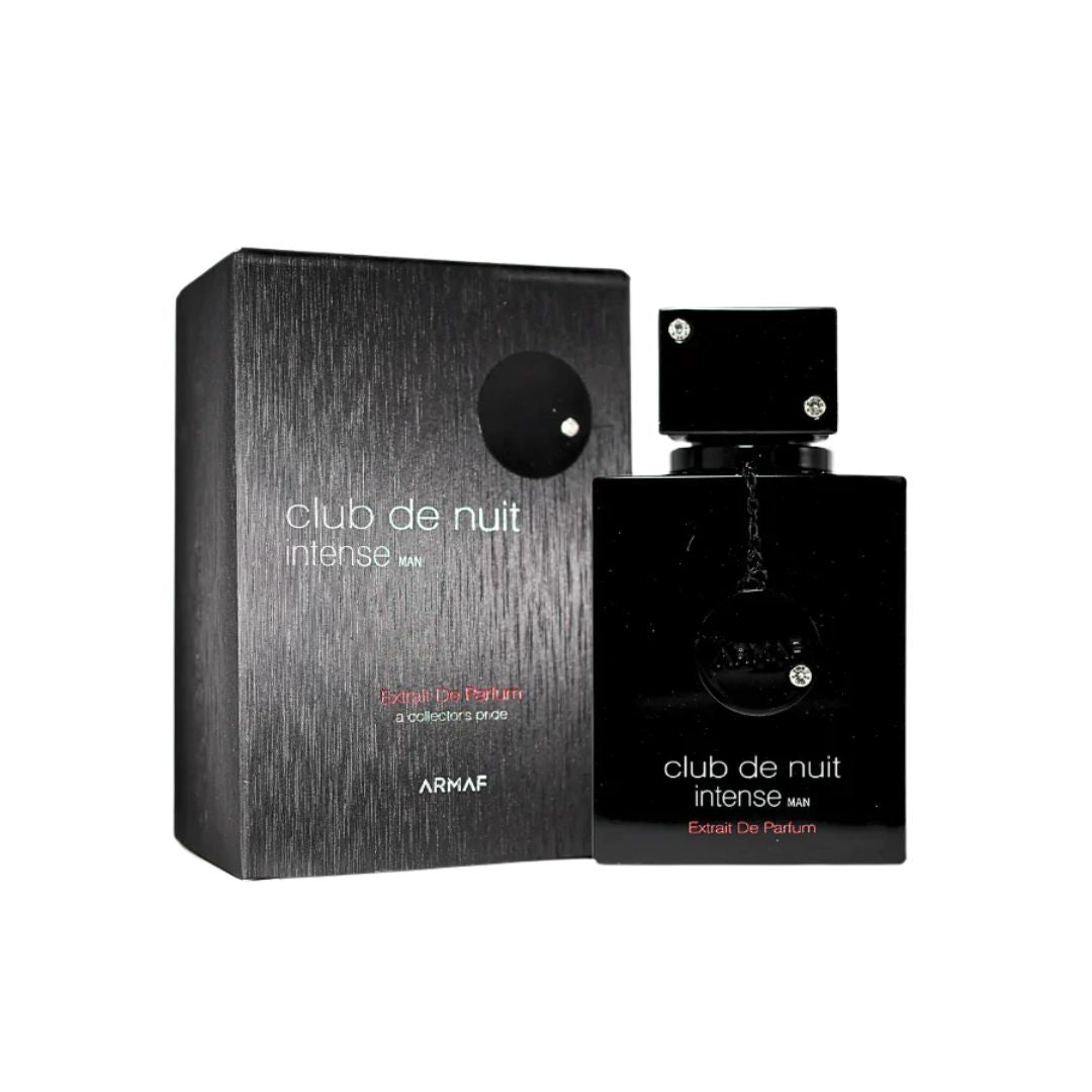 Armaf Club De Nuit Intense Extrait De Parfum 70ml, a striking black glass bottle with a prominent chain and gold detailing, suggesting an intense, smoky, and woody chypre scent for men.