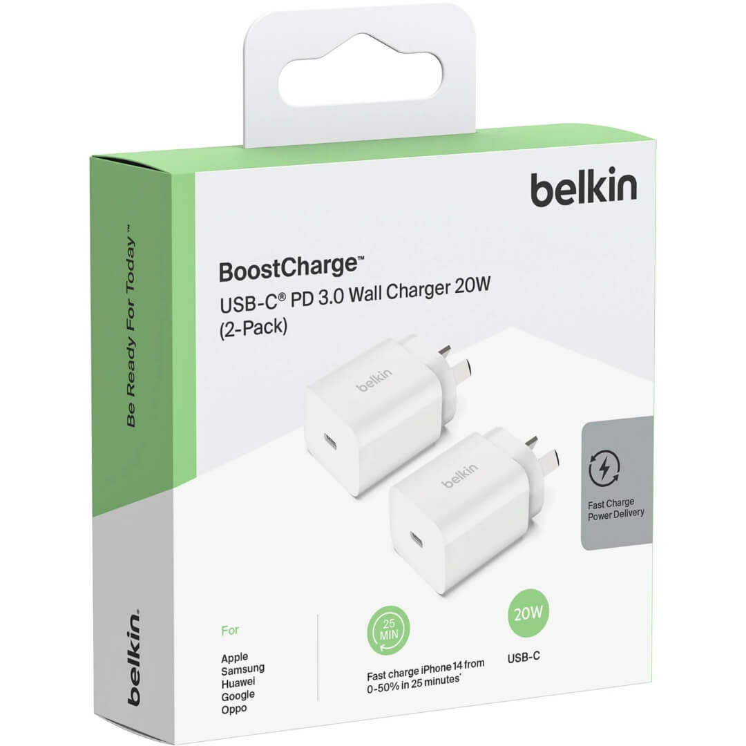 Complete Charging Solution: Includes 2 Pack Belkin USB-C PD 3.0 Wall Charger (20W)