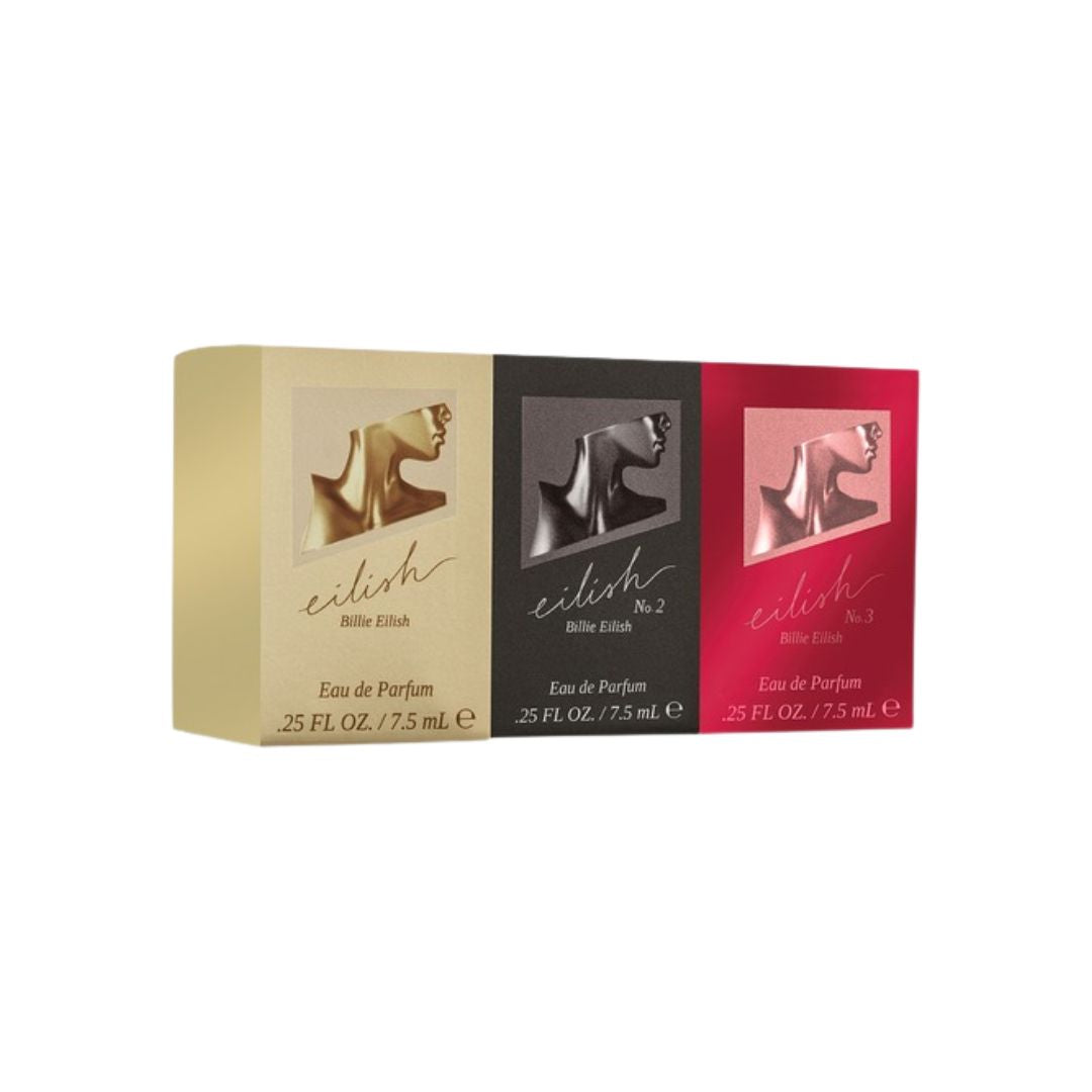 Billie Eilish 3-piece mini gift set featuring 7.5ml gold, gunmetal, and red sculpted bust bottles in a collector's box.