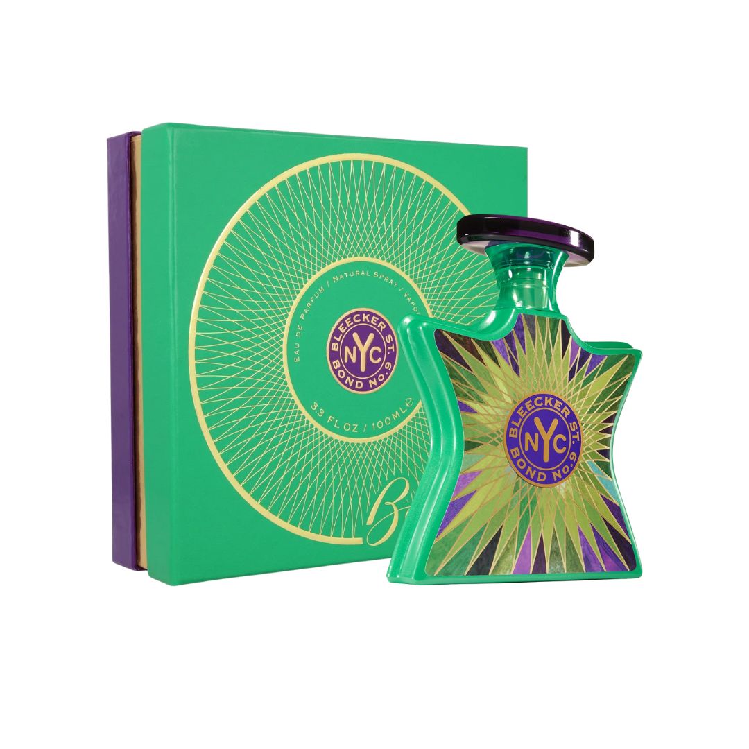 Bond No. 9 Bleecker Street 100ml EDP, an elegant bottle with a distinct blue, green, and gold pattern, suggesting a fresh, green, and woody unisex fragrance.