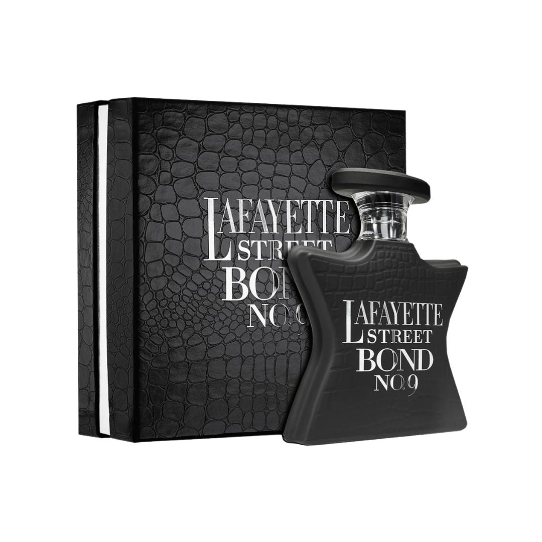 Bond No. 9 Lafayette Street 100ml EDP, an elegant blue bottle with a minimalist design, suggesting a modern, aromatic, and sensual unisex fragrance.