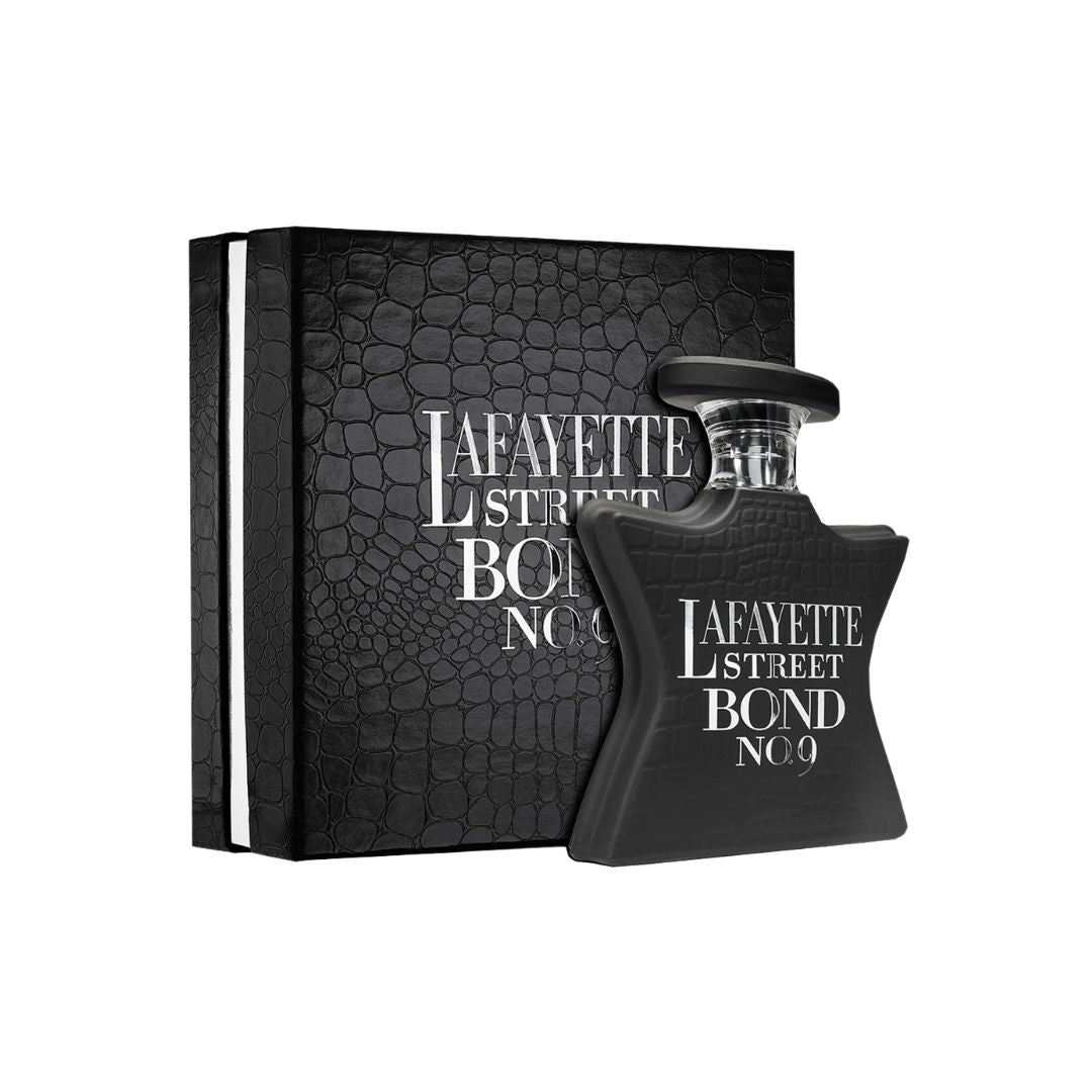 Bond No. 9 Lafayette Street 50ml EDP, an elegant blue bottle with a minimalist design, suggesting a modern, aromatic, and sensual unisex fragrance.