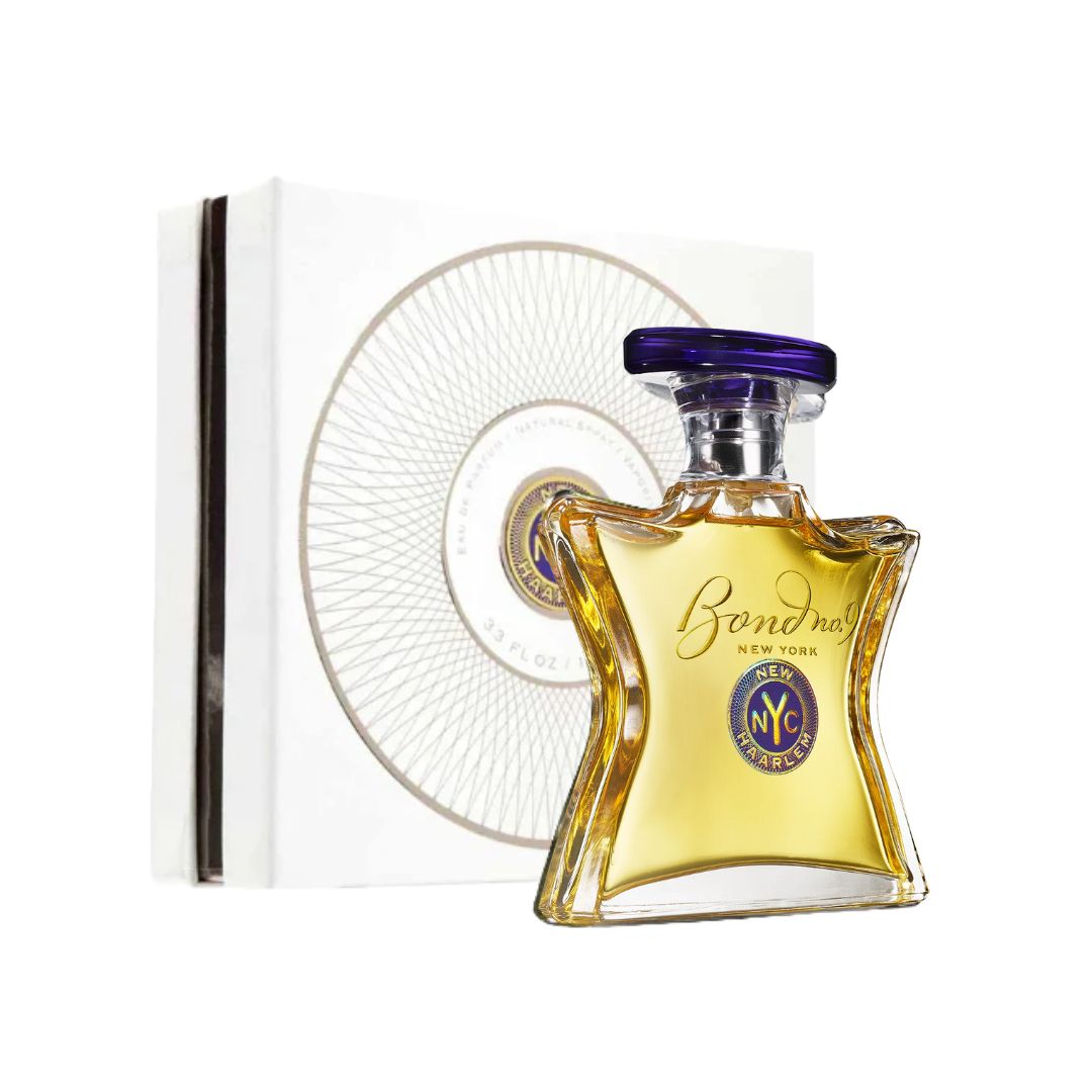 Bond No. 9 New Haarlem 100ml EDP, an elegant glass bottle with a minimalist design, suggesting a warm, aromatic, and coffee-infused unisex fragrance.