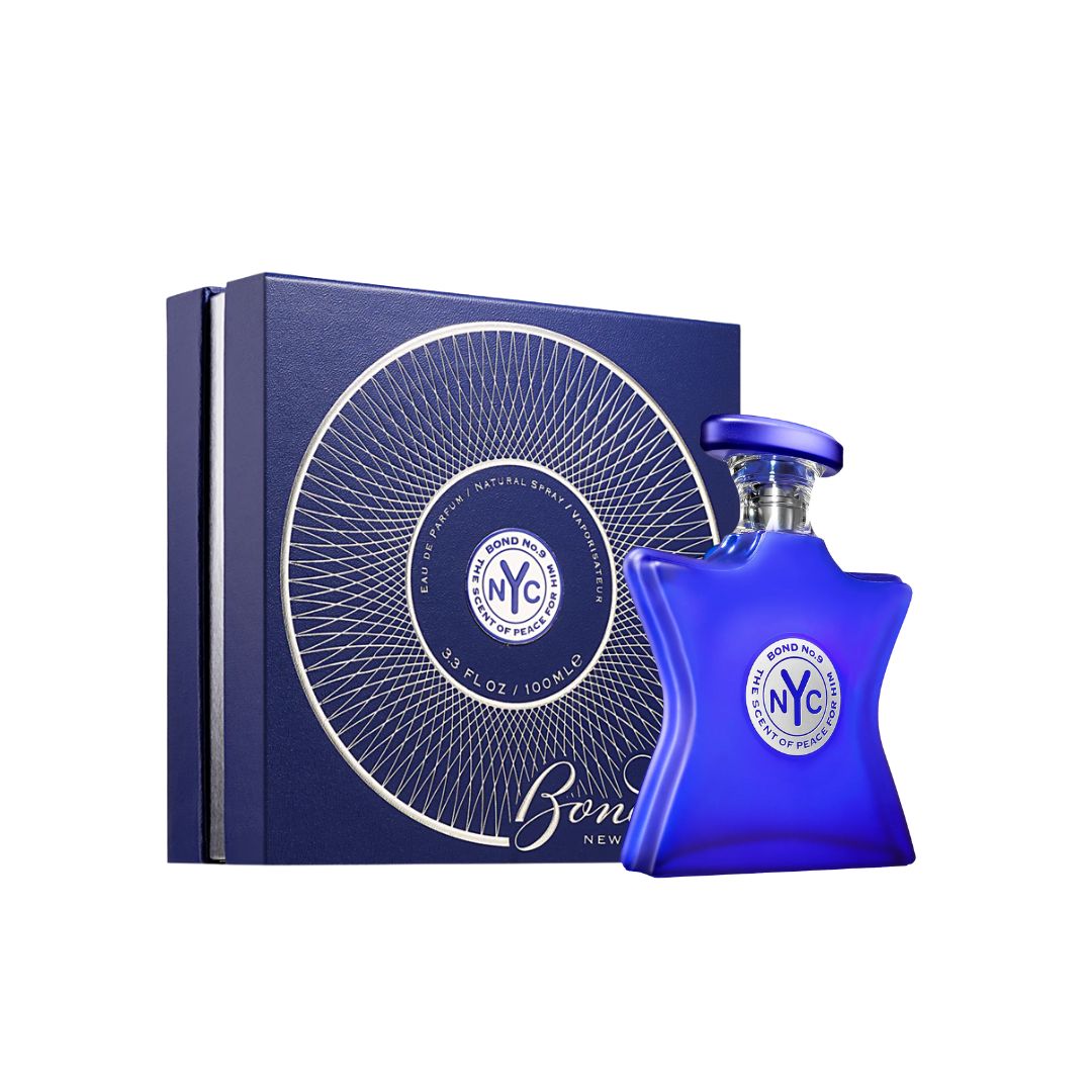 Bond No. 9 The Scent of Peace For Him 50ml EDP, a dark green bottle with a peace sign, suggesting a fresh, woody, and aromatic masculine fragrance.