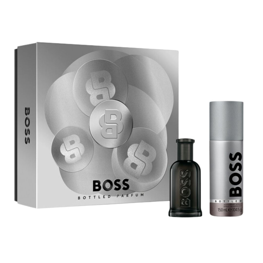 BOSS bottled perfume 50ml 2 pc gift set with packaging on a white background