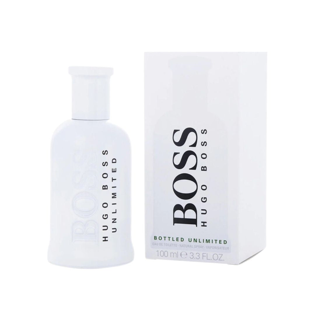 Hugo Boss Bottled Unlimited perfume bottle and packaging on a white background