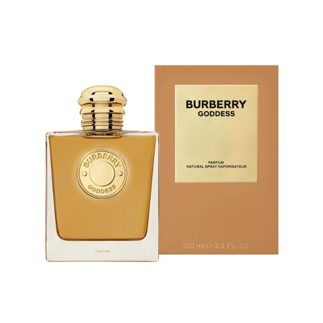 Burberry Goddess 100ml Parfum, a sleek, clear bottle with a gold plaque, suggesting a warm, aromatic, and vanilla-based feminine fragrance.