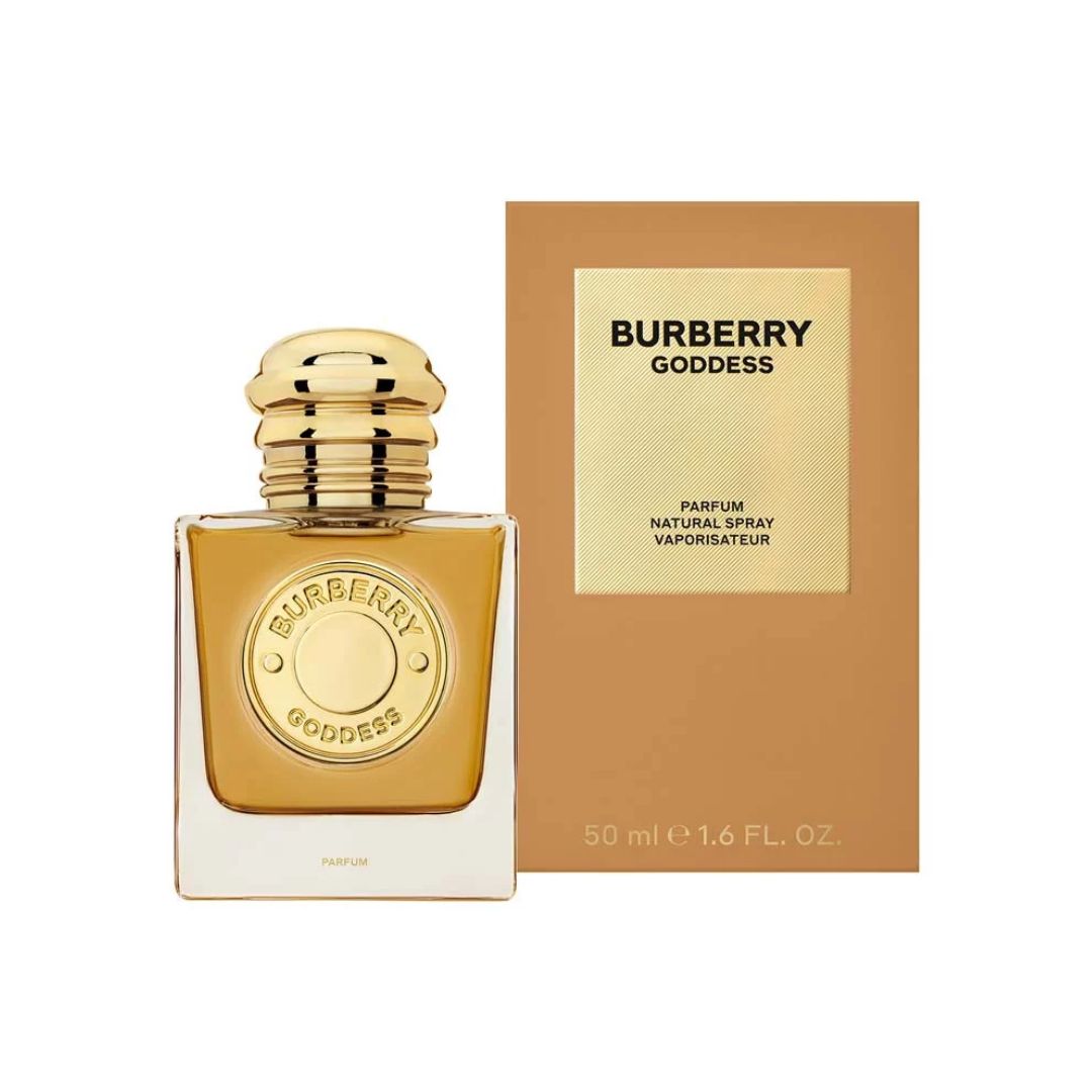 Burberry Goddess 50ml Parfum, a sleek, clear bottle with a gold plaque, suggesting a warm, aromatic, and vanilla-based feminine fragrance.