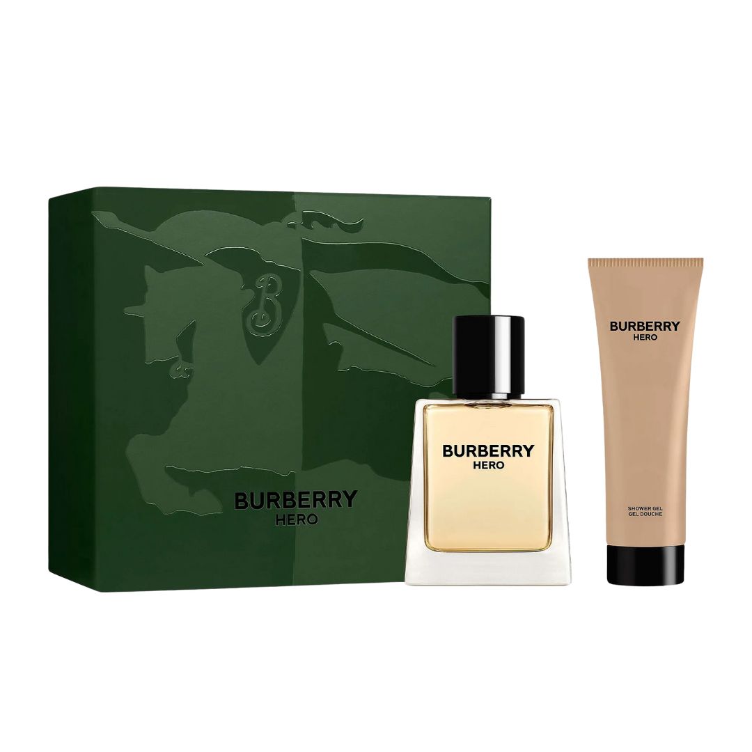 Burberry Hero 2pc Gift Set, a clean beige and black box containing the iconic 50ml EDT horse-head bottle and 75ml Shower Gel, suggesting a fresh, aromatic, and intense cedarwood scent for men.