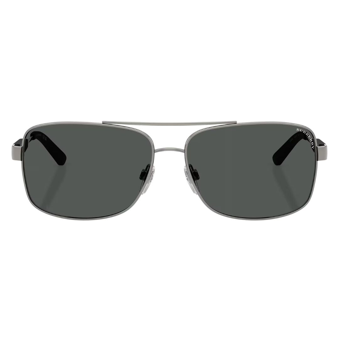 Front view of Burberry BE3074 100387 featuring a rectangular gunmetal metal aviator frame and grey lenses - Gadgets Online NZ