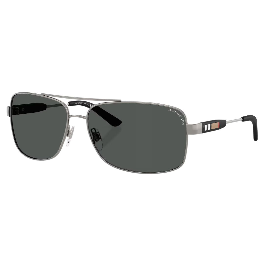 Burberry BE3074 100387 aviator sunglasses in gunmetal with dark grey lenses and check enamel temples - Gadgets Online NZ