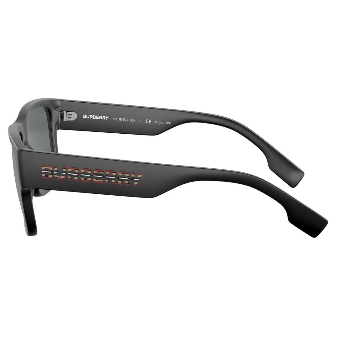 Side view of Burberry Knight sunglasses showing matte black temples with iconic silver B-shield metal hardware - Gadgets Online NZ