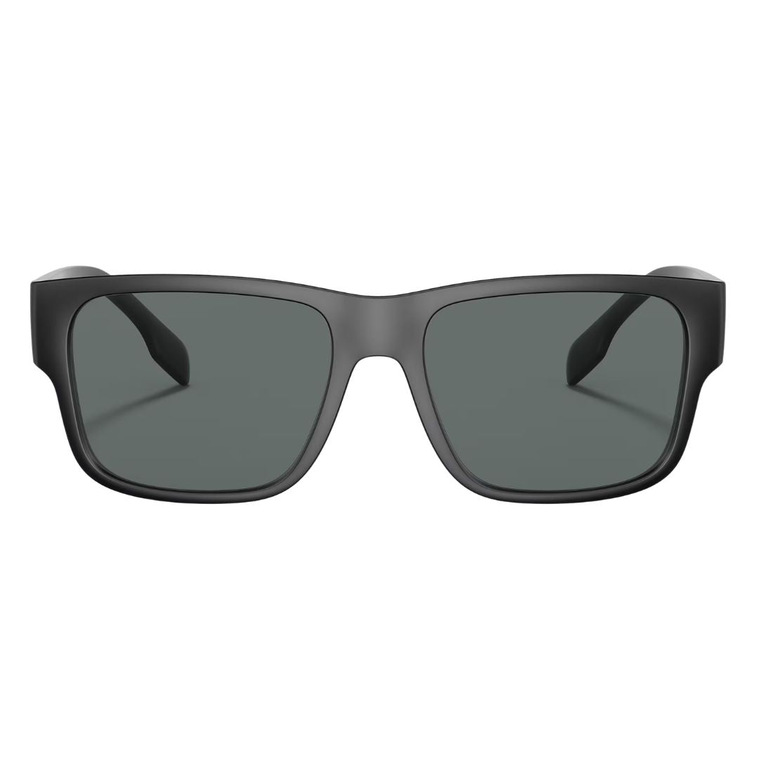Front view of Burberry BE4358 346481 Knight featuring a rectangular matte black acetate frame and polarized lenses - Gadgets Online NZ