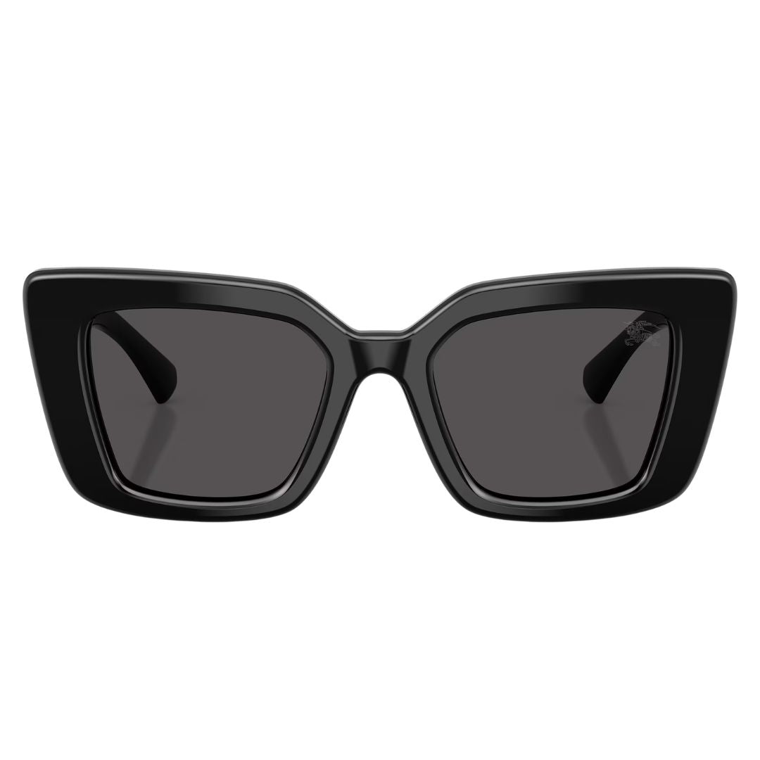 Front view of Burberry BE4476 300187 featuring a rectangular shiny black acetate frame and grey lenses - Gadgets Online NZ