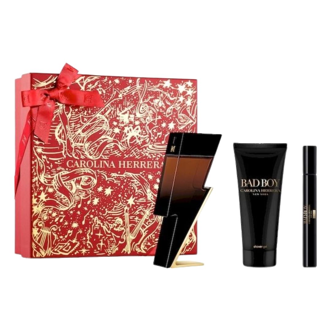 Carolina Herrera Bad Boy Elixir EDP 100ml 3 Piece Gift Set – Men  with shower gel with a red gift box on a white background