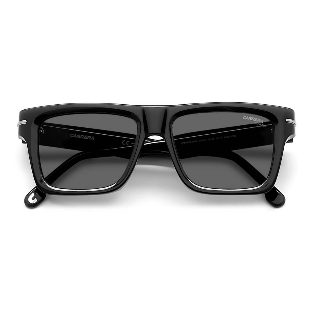 Carrera 305/S 807/54M9 Unisex Square Sunglasses - Black Frame, Polarized Grey Lenses | Front Folded View | Gadgets Online NZ LTD