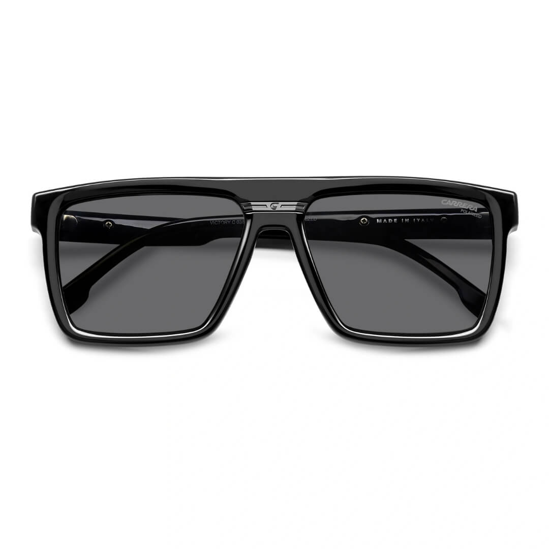 Carrera Victory C 03/S 807/58M9 Unisex Square Sunglasses - Black Frame, Polarised Grey Lenses Folded view | Gadgets Online NZ LTD