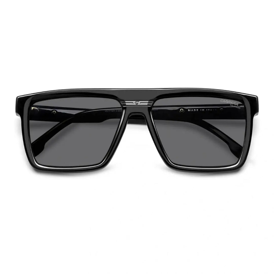Carrera Victory C 03/S 807/58M9 Unisex Square Sunglasses - Black Frame, Polarised Grey Lenses Folded view | Gadgets Online NZ LTD