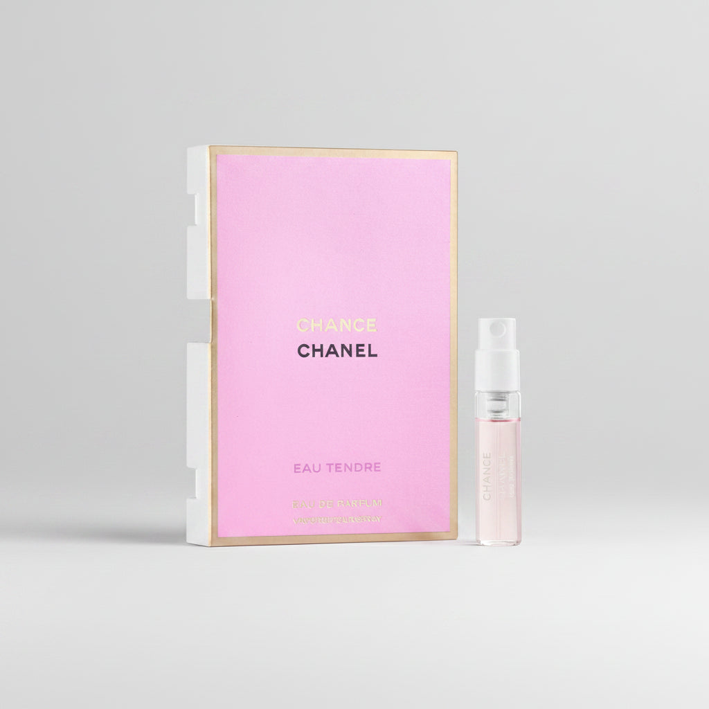 Chanel Chance Eau Tendre EDP 1.5ml Sample Vial  and packaging on a white background