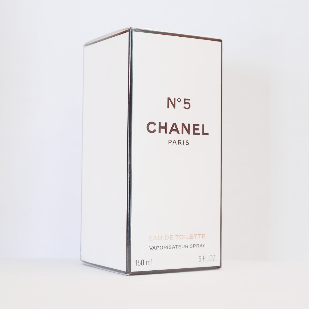 Chanel No 5 perfume box on a white background