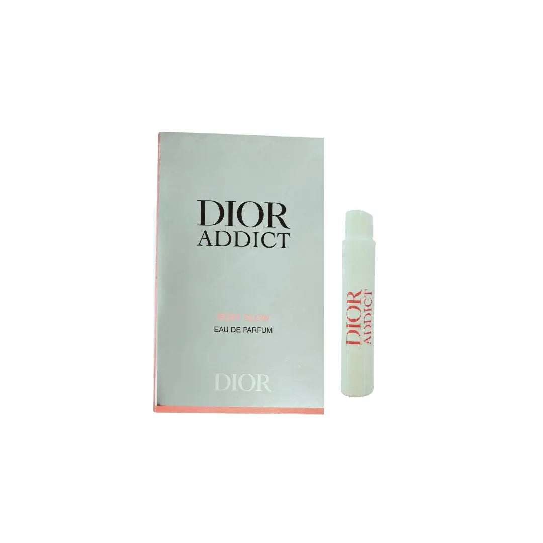 Dior Addict Rosy Glow EDP 1ml sample vial on carding, a sweet rose and lychee gourmand fragrance.