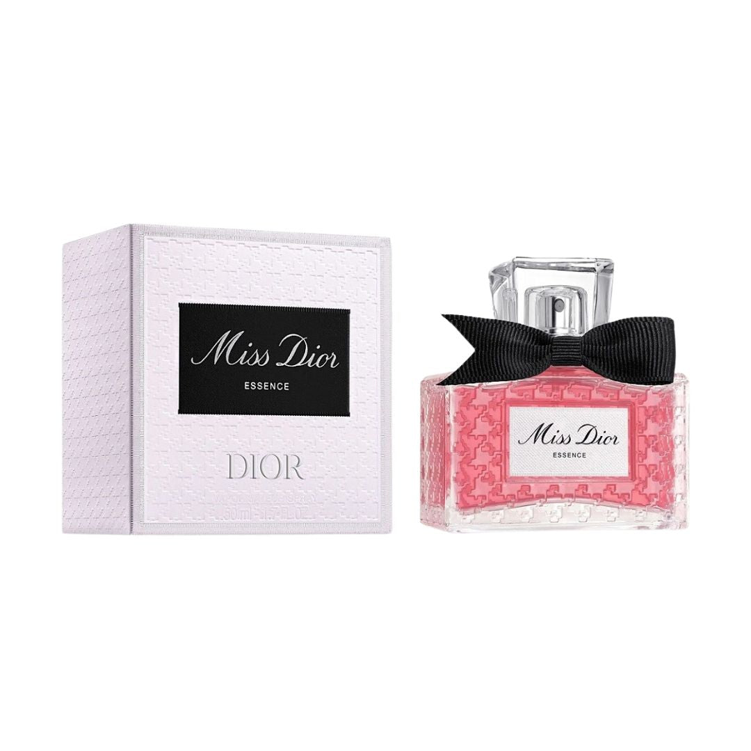 Christian Dior Miss Dior Essence 50ml, a classic square bottle with a bow, suggesting a sweet, floral, and woody feminine fragrance.