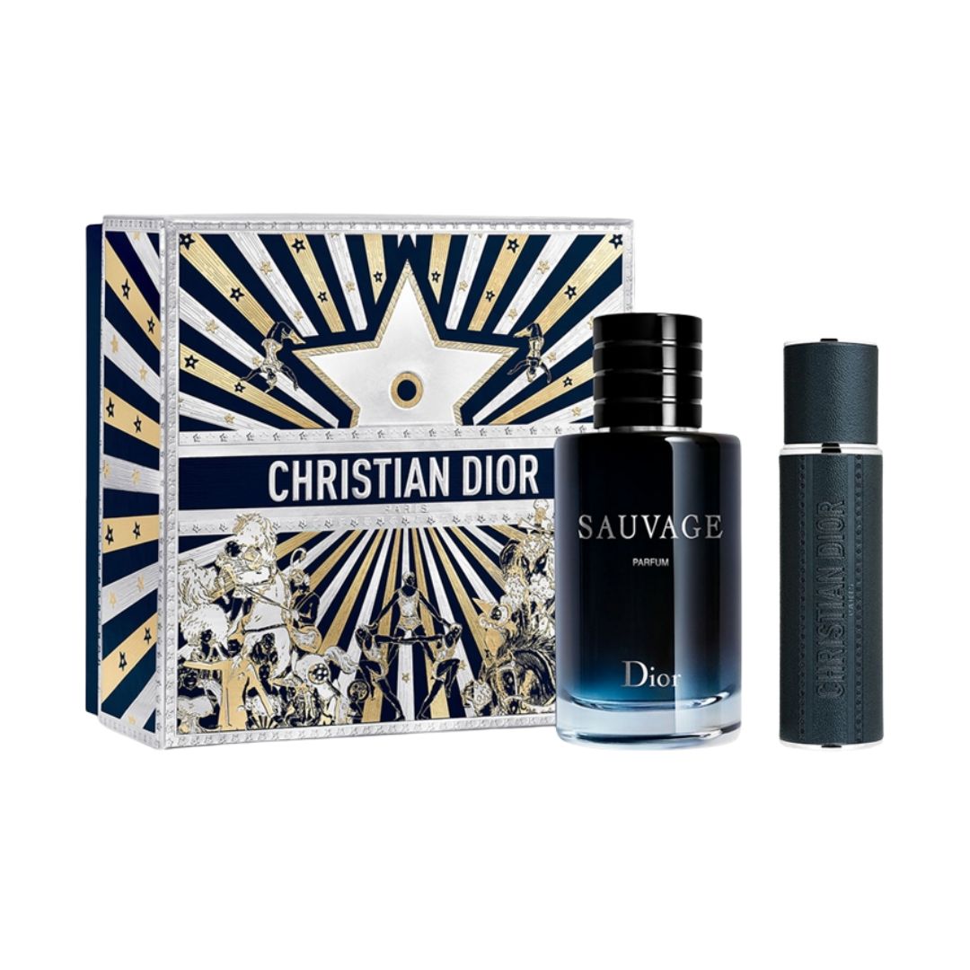 Christian Dior Sauvage Parfum 100ml 2 Piece Gift Set, featuring the dark blue bottle and travel spray in a limited-edition Dior Circus of Dreams collector's box designed by Pietro Ruffo.

