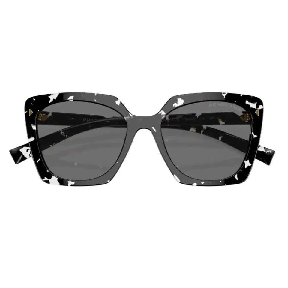 Close Up of Prada PR 23ZS 15S5Z1 Sunglasses - Black Crystal Tortoise Frame Detail
