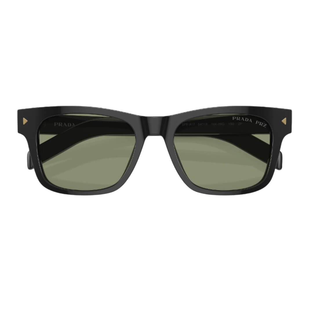 Close Up of Prada PR A17S 16K20G Sunglasses - Black Frame Detail
