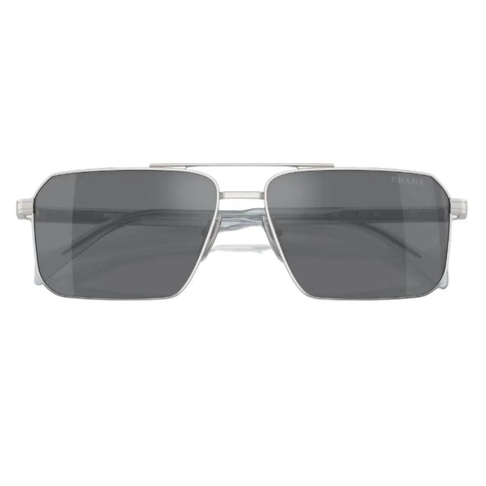 Close Up of Prada PR A57S 1BC175 Sunglasses - Silver Frame Detail
