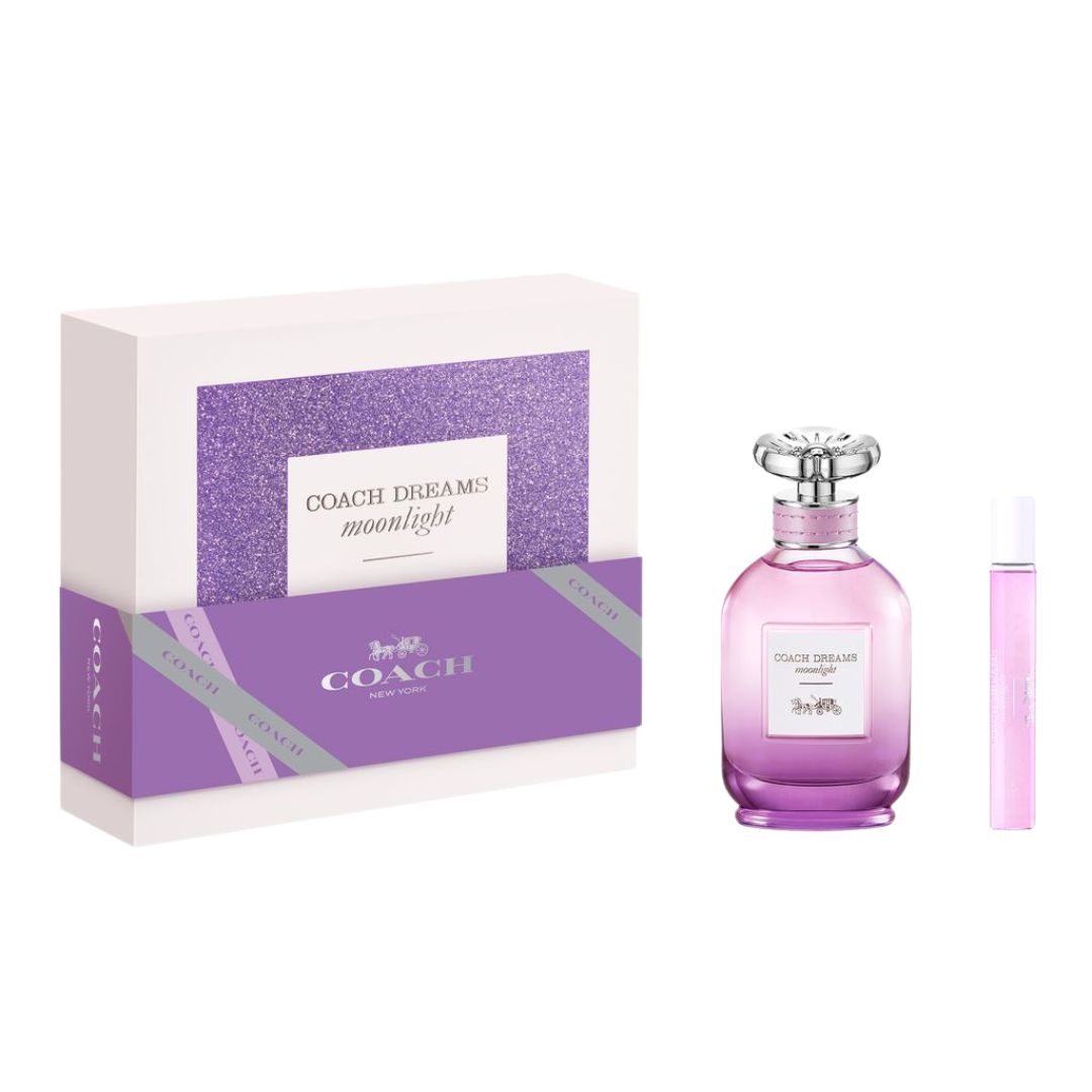 Coach Dreams Moonlight 60ml EDP 2 Piece Gift Set, featuring the crescent moon-themed bottle and a 7.5ml travel spray in an elegant gift box.