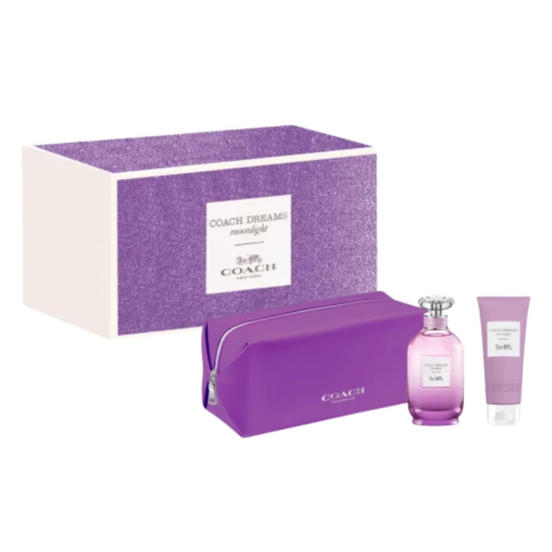 Coach Dreams Moonlight 90ml EDP 3 Piece Gift Set, featuring the crescent moon-themed bottle, a body lotion, and a matching pouch in an elegant gift box.