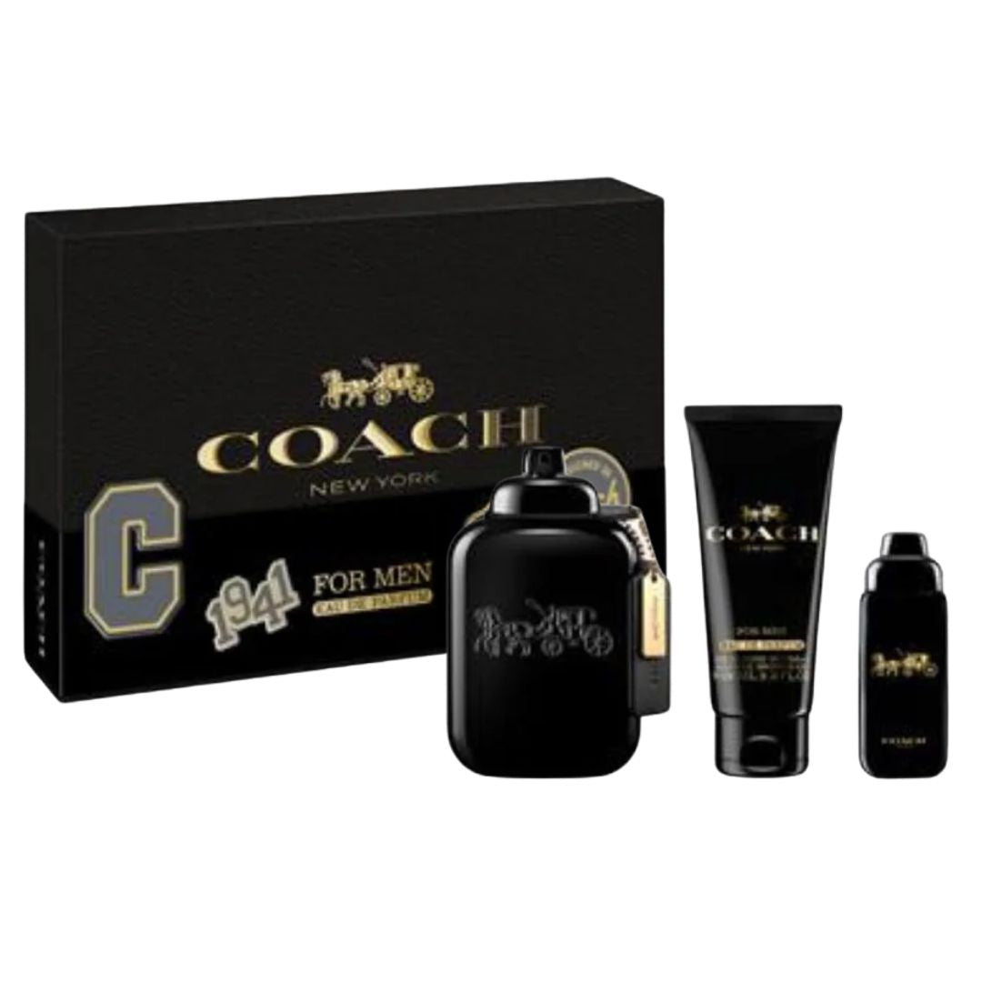 Coach EDP 100ml 3 Piece Gift Set, featuring the iconic black bottle, a travel spray, and a shower gel in an elegant gift box.