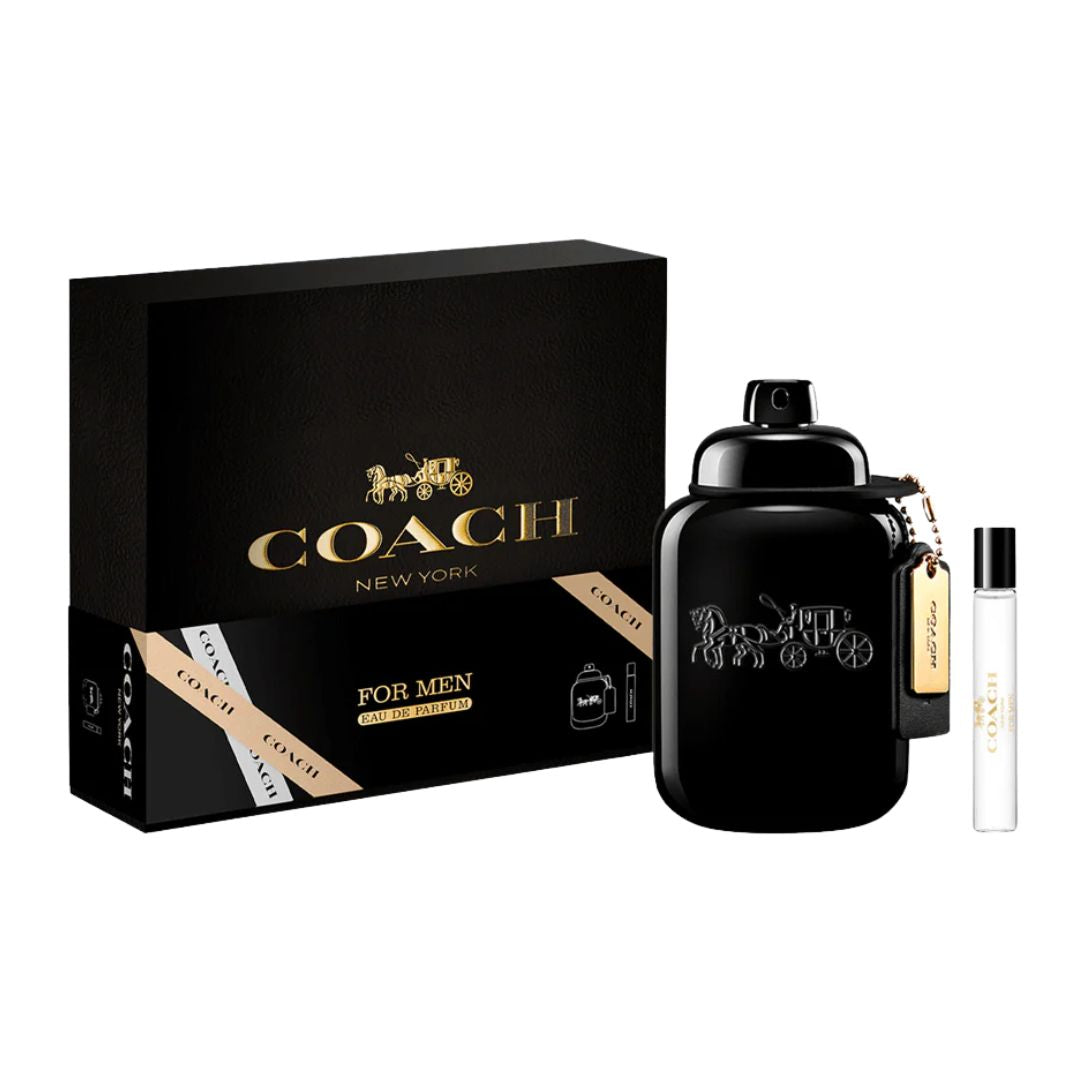 Coach EDP 60ml 2 Piece Gift Set, featuring the sleek black bottle and a 7.5ml travel spray in an elegant gift box.