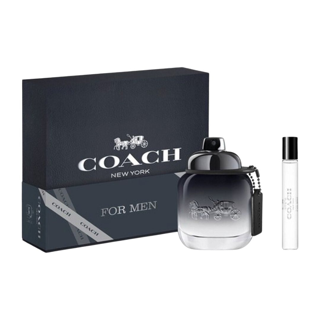 Coach EDT 60ml 2 Piece Gift Set, featuring the iconic bottle and a 7.5ml travel spray in an elegant gift box.