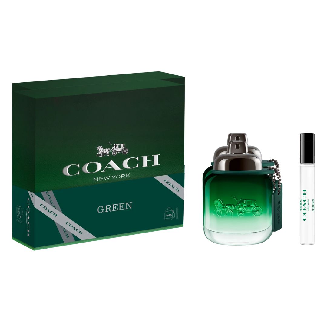 Coach Green 60ml EDT 2 Piece Gift Set, featuring the green bottle and a 7.5ml travel spray in an elegant gift box.