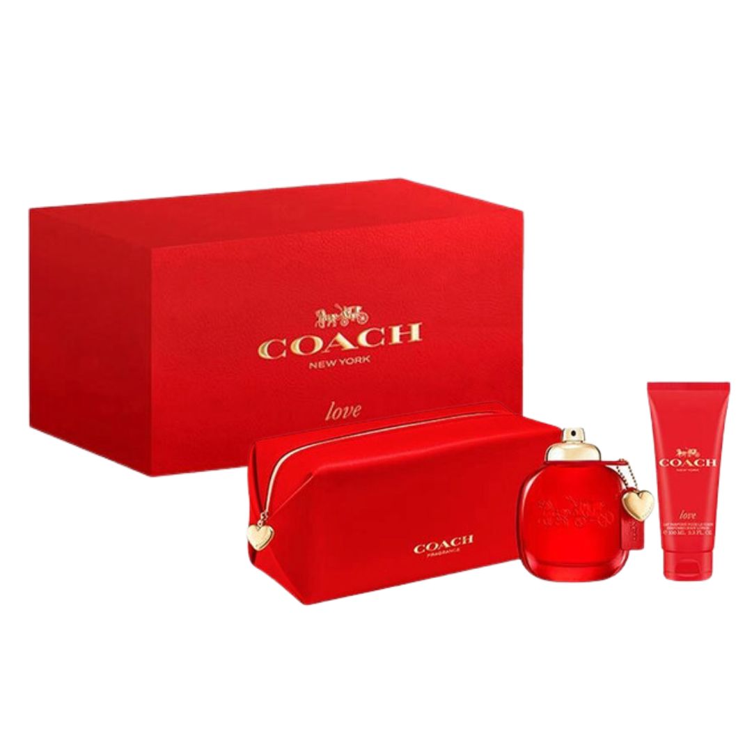 Coach Love 90ml EDP 3 Piece Gift Set, featuring the signature red bottle, a body lotion, and a matching pouch in an elegant gift box.