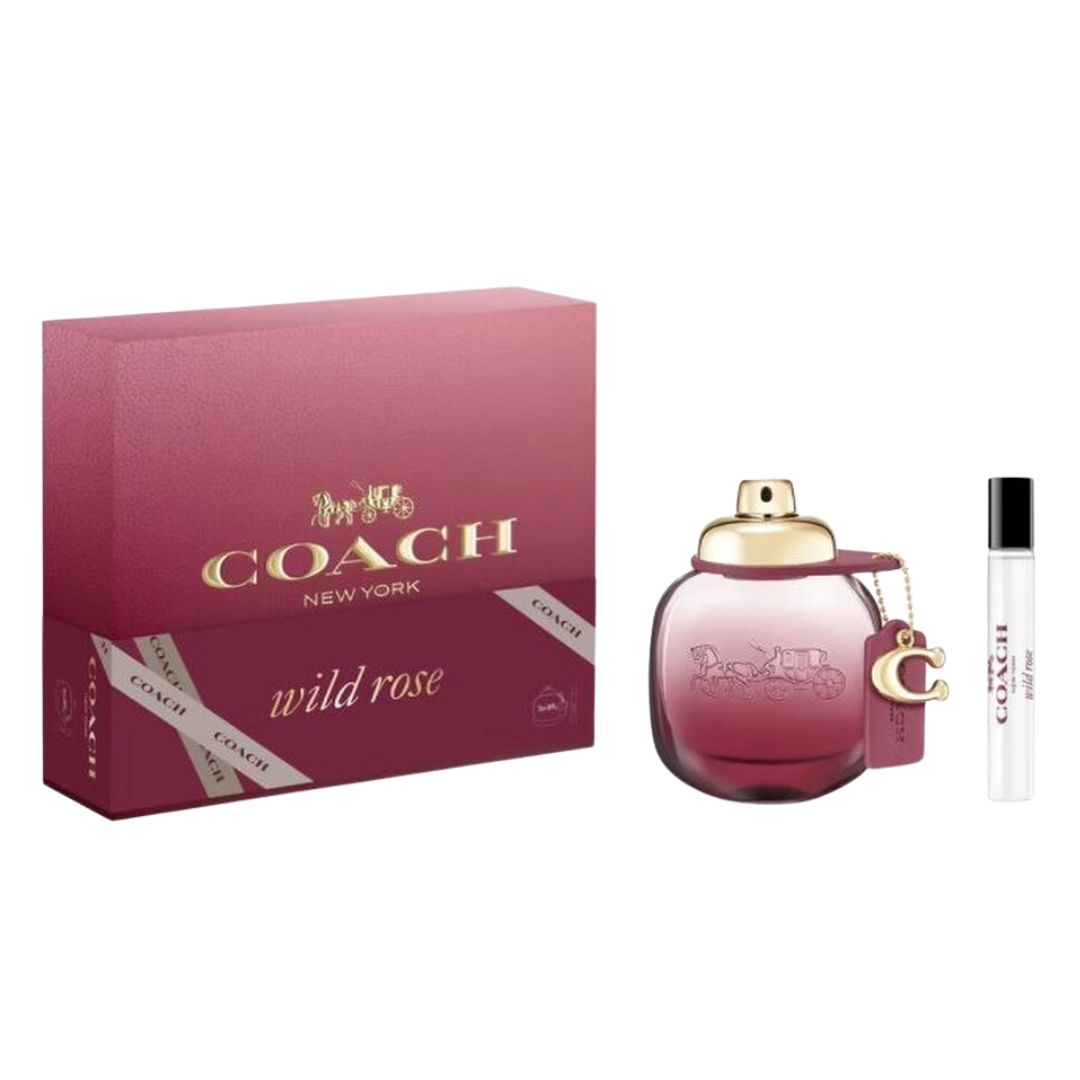 Coach Wild Rose 50ml EDP 2 Piece Gift Set, featuring the pink bottle and a 7.5ml travel spray in an elegant gift box.