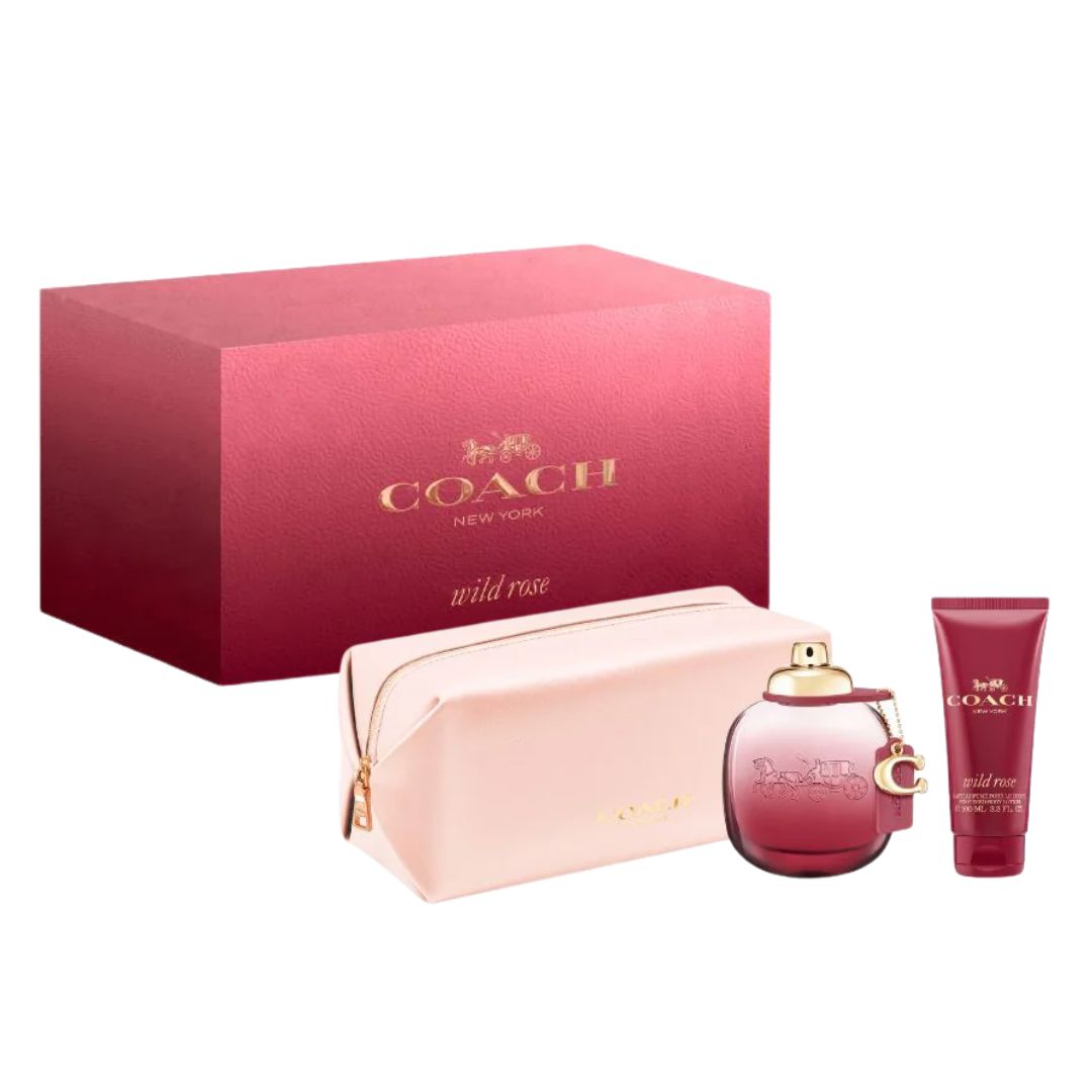 Coach Wild Rose 90ml EDP 3 Piece Gift Set, featuring the pink bottle, a body lotion, and a matching pouch in an elegant gift box.