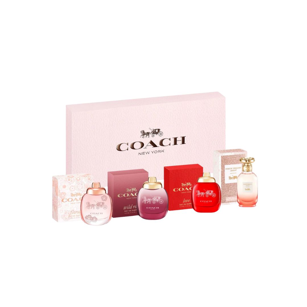 Coach Women's EDP 4pc Miniatures Set, featuring four small Coach fragrance bottles in a compact, elegant gift box.