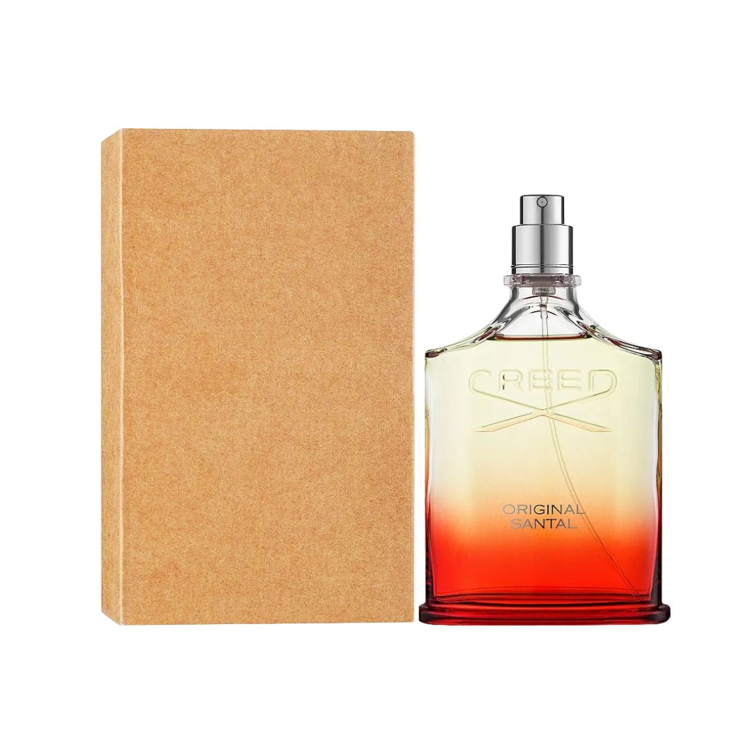 Creed Original Santal EDP 100ml Tester Perfume bottle with gradient design next to a cardboard box on a white background