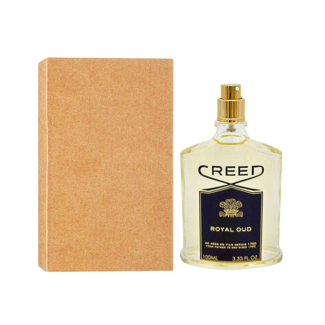 Creed Royal Oud 100ml perfume Tester bottle with a brown box on a white background