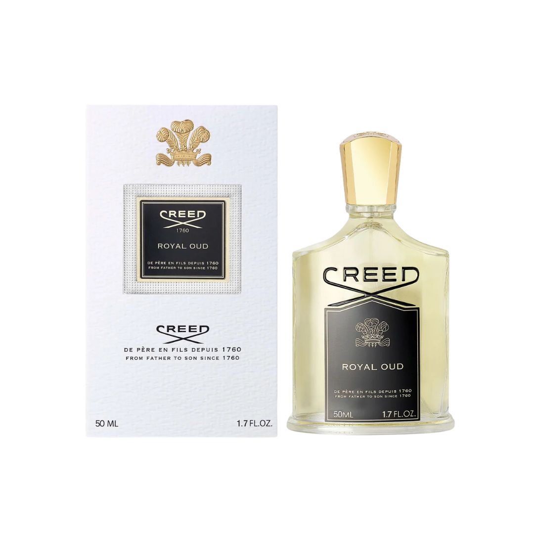 Creed Royal Oud perfume bottle 50ml and packaging on a white background